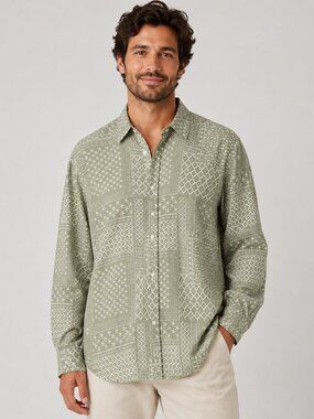 CONCRETE NWOT Men's Long Sleeve Button Down Olive w/White Design Shirt L